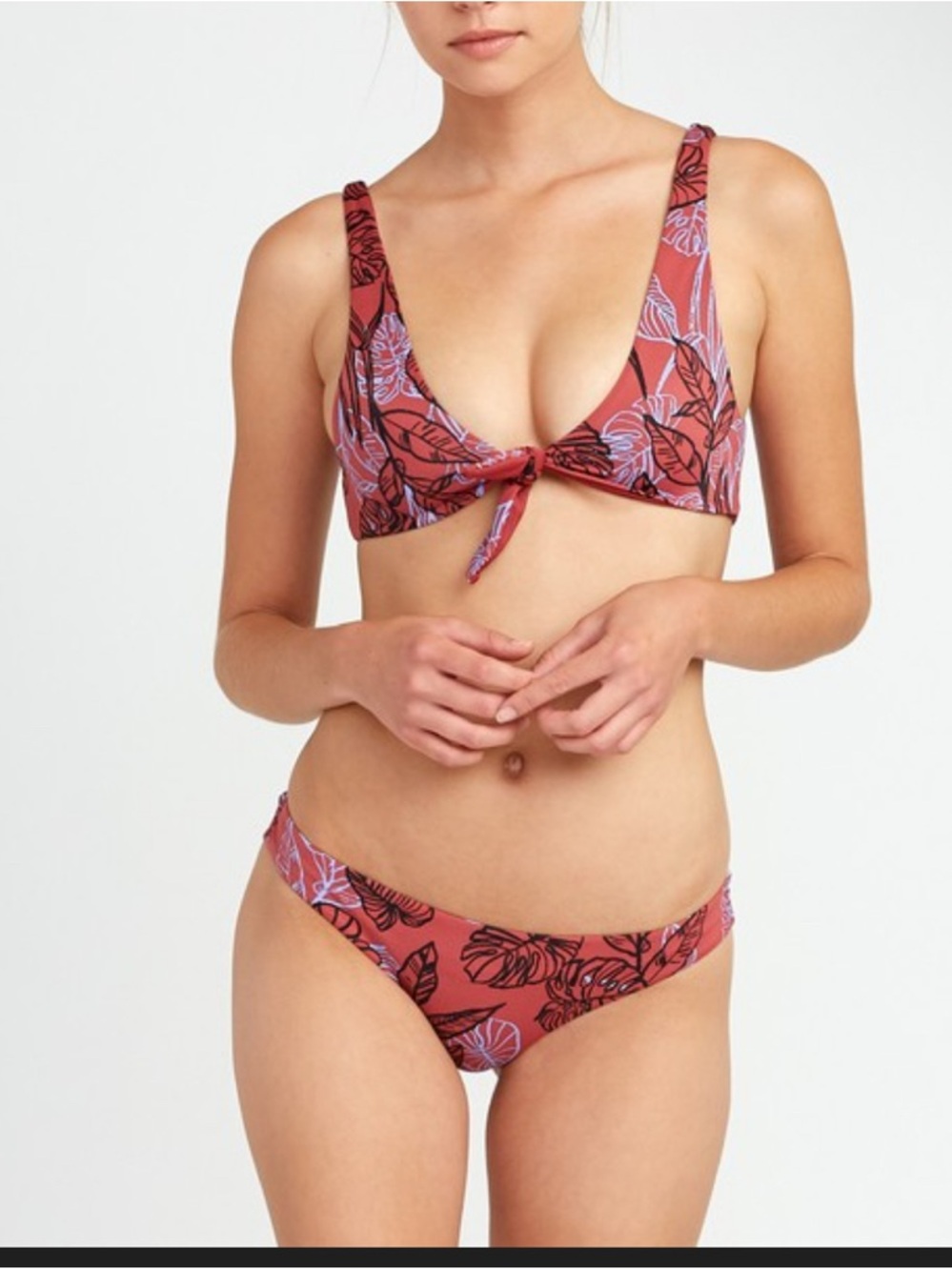 RVCA Women’s Tropic Punch Tie Front Top Bikini Set Monstera Leaf Print Size XS